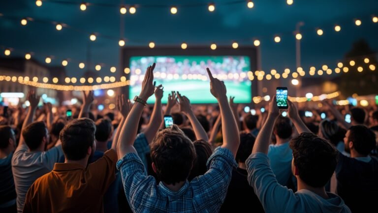 Nhóm người hâm mộ Việt Nam sôi động xem World Cup 2026 qua màn hình lớn ngoài trời vào ban đêm