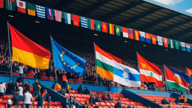 Cờ các quốc gia tung bay trên khán đài World Cup